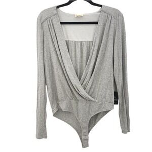Hem & Thread Grey Long Sleeve Wrap Bodysuit L NWT Minimalist Neutral Balletcore